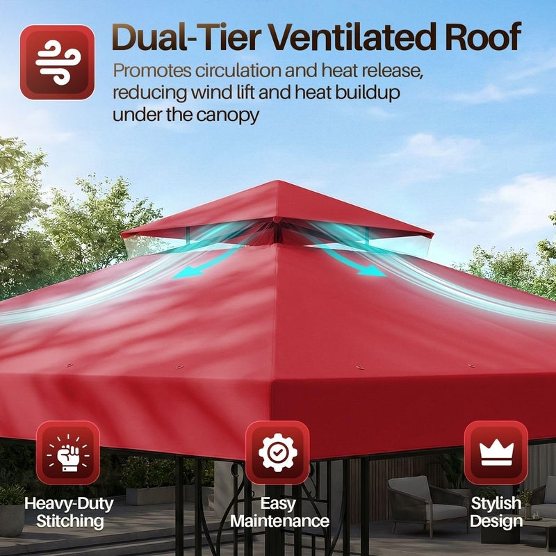 Flexzion Gazebo Cover Replacement Canopy Top 8x8 Ft (2.4m x 2.4m) - Double Tier Top Canopy Cover Replacement with UV30+, Dirt, Water Resistant for Outdoor, Sunshade, Garden, Patio, Pavilion (Red) - Image 5