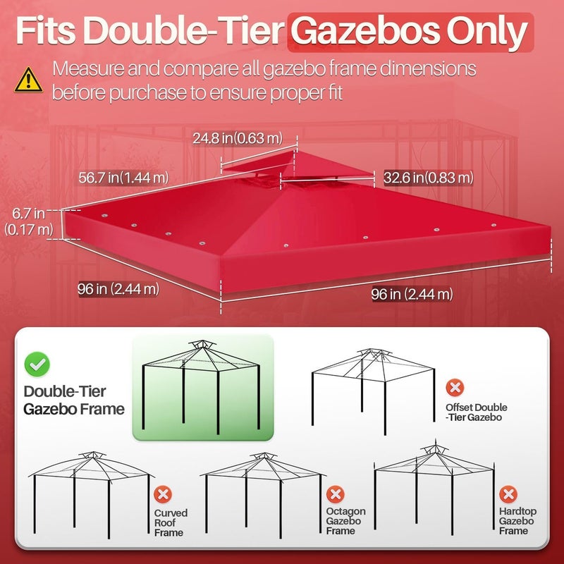 Flexzion Gazebo Cover Replacement Canopy Top 8x8 Ft (2.4m x 2.4m) - Double Tier Top Canopy Cover Replacement with UV30+, Dirt, Water Resistant for Outdoor, Sunshade, Garden, Patio, Pavilion (Red) - Image 4