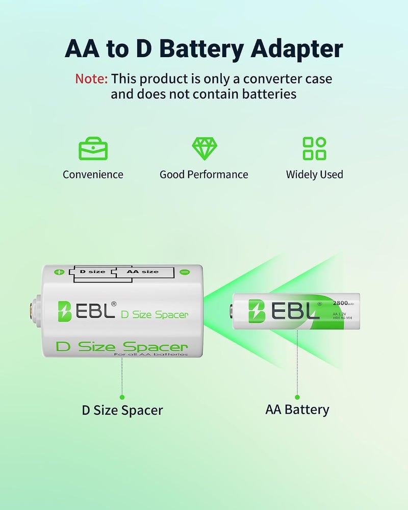 EBL D Size Battery Adapters - 4 Pack, AA to D Size Battery Spacer Converter Case - Image 2