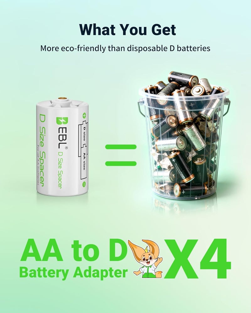 EBL D Size Battery Adapters - 4 Pack, AA to D Size Battery Spacer Converter Case - Image 4