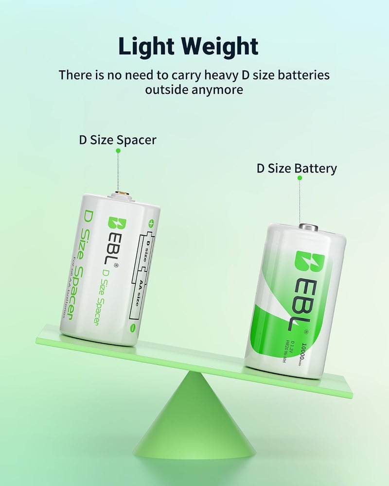 EBL D Size Battery Adapters - 4 Pack, AA to D Size Battery Spacer Converter Case - Image 3