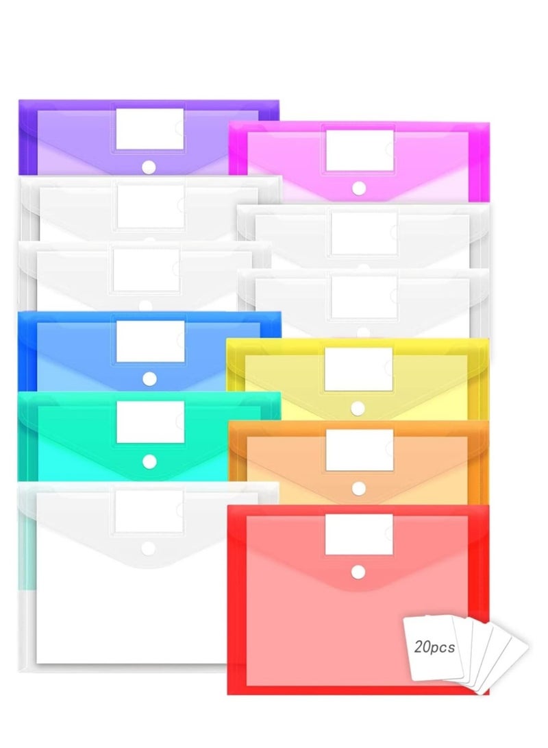 دايلي شيك 12 قطعة مغلفات بلاستيكية، مجلدات ملفات مقاس A4 مع إغلاق زر مزدوج وملصق، عتاد تنظيم الملفات الشفاف للمدرسة والمكتب، مغلفات بوليستيرين مقاس خطاب 8 ألوان متنوعة. - Image 1