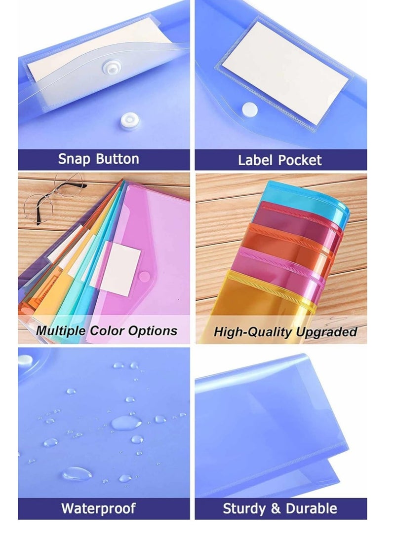 دايلي شيك 12 قطعة مغلفات بلاستيكية، مجلدات ملفات مقاس A4 مع إغلاق زر مزدوج وملصق، عتاد تنظيم الملفات الشفاف للمدرسة والمكتب، مغلفات بوليستيرين مقاس خطاب 8 ألوان متنوعة. - Image 5