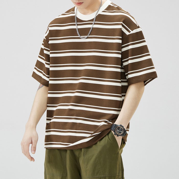 Fashionable American Simple Stripesd Round Neck T-Shirt For Men, Versatile Loose Round Neck Short-Sleeved Casual Youth Trendyy Cool And Handsome T-Shirt - Image 1