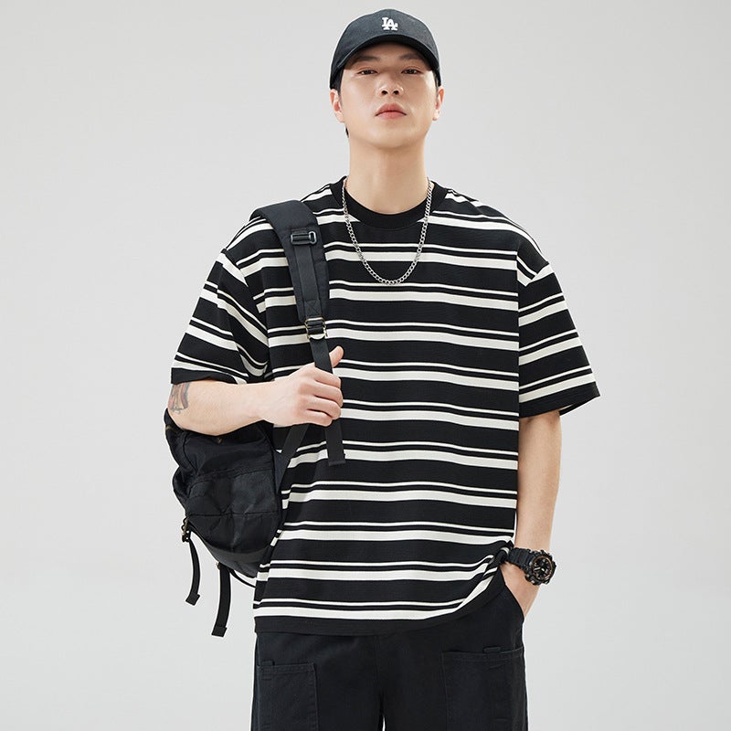 Fashionable American Simple Stripesd Round Neck T-Shirt For Men, Versatile Loose Round Neck Short-Sleeved Casual Youth Trendyy Cool And Handsome T-Shirt - Image 5