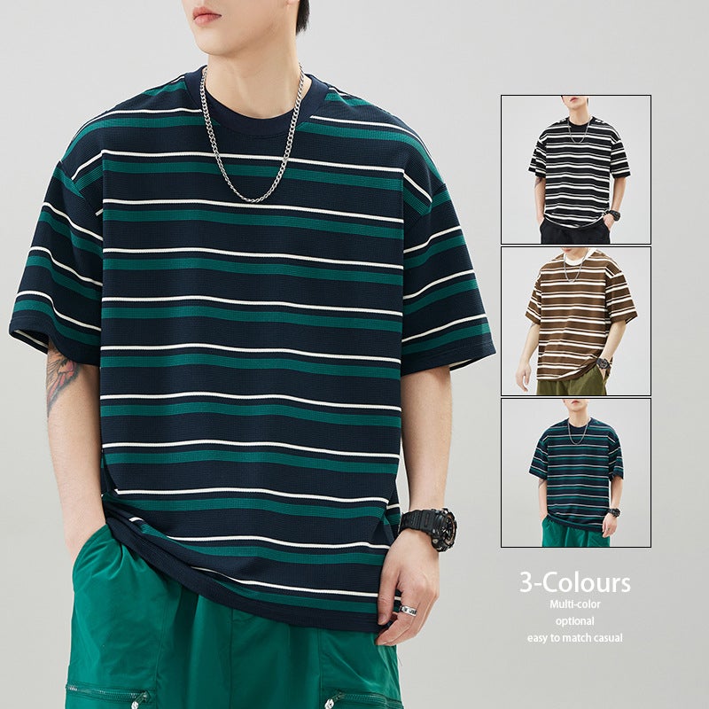 Fashionable American Simple Stripesd Round Neck T-Shirt For Men, Versatile Loose Round Neck Short-Sleeved Casual Youth Trendyy Cool And Handsome T-Shirt - Image 4