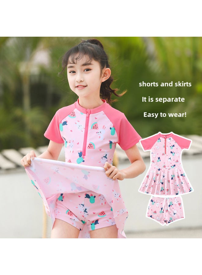 Loquat Girls' Swimwear 2023 Korean Cartoon Big Children's One-piece Boxers Swimwear Children's Split Swimwear Wholesale-Color:ROSE- - Image 2