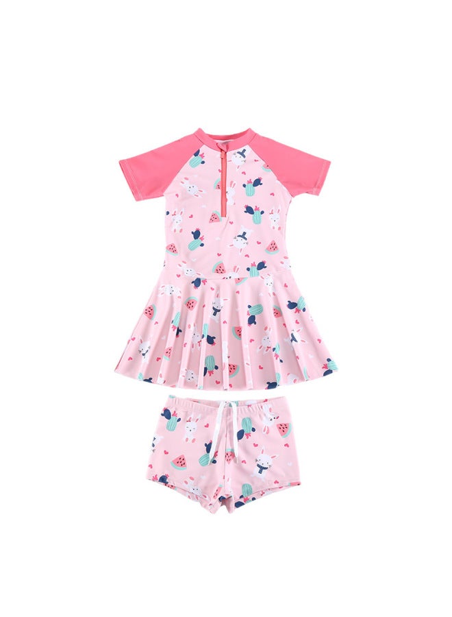 Loquat Girls' Swimwear 2023 Korean Cartoon Big Children's One-piece Boxers Swimwear Children's Split Swimwear Wholesale-Color:ROSE- - Image 1