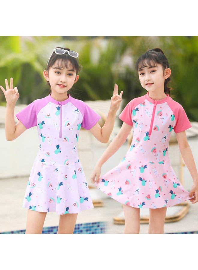 Loquat Girls' Swimwear 2023 Korean Cartoon Big Children's One-piece Boxers Swimwear Children's Split Swimwear Wholesale-Color:ROSE- - Image 3