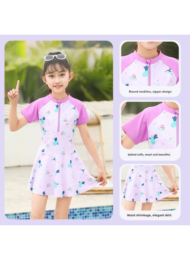 Loquat Girls' Swimwear 2023 Korean Cartoon Big Children's One-piece Boxers Swimwear Children's Split Swimwear Wholesale-Color:ROSE- - Image 4