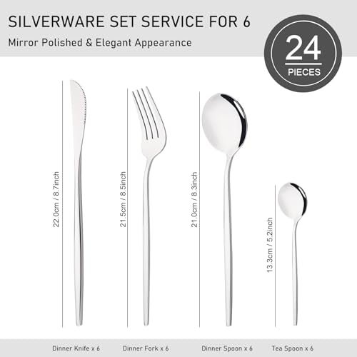 Uniturcky Silver Silverware Set, 24-Piece Stainless Steel Flatware Set Service For 6, Mirror Polished Tableware Cutlery Set Knife Fork And Spoon For Home & Restaurant, Dishwasher Safe - Image 2