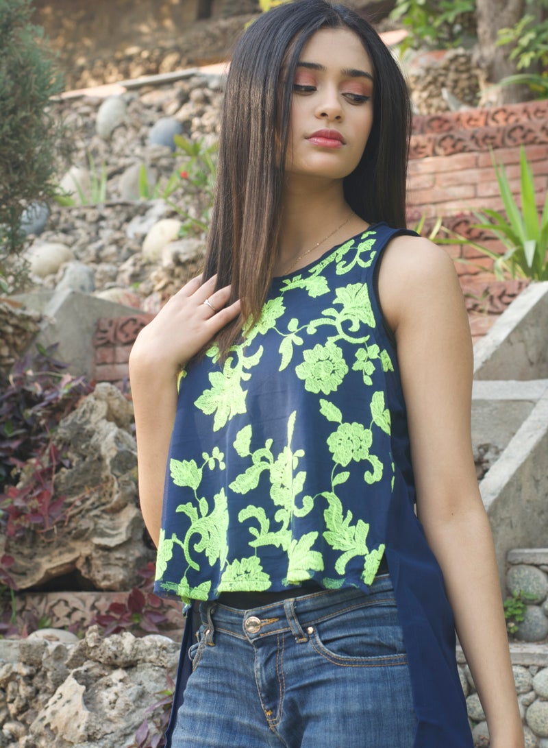 P FOR PRETTY Blue And Neon Green Embroidered Blouse - Image 1