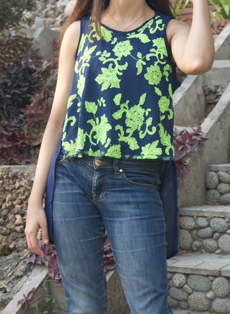 P FOR PRETTY Blue And Neon Green Embroidered Blouse - Image 3