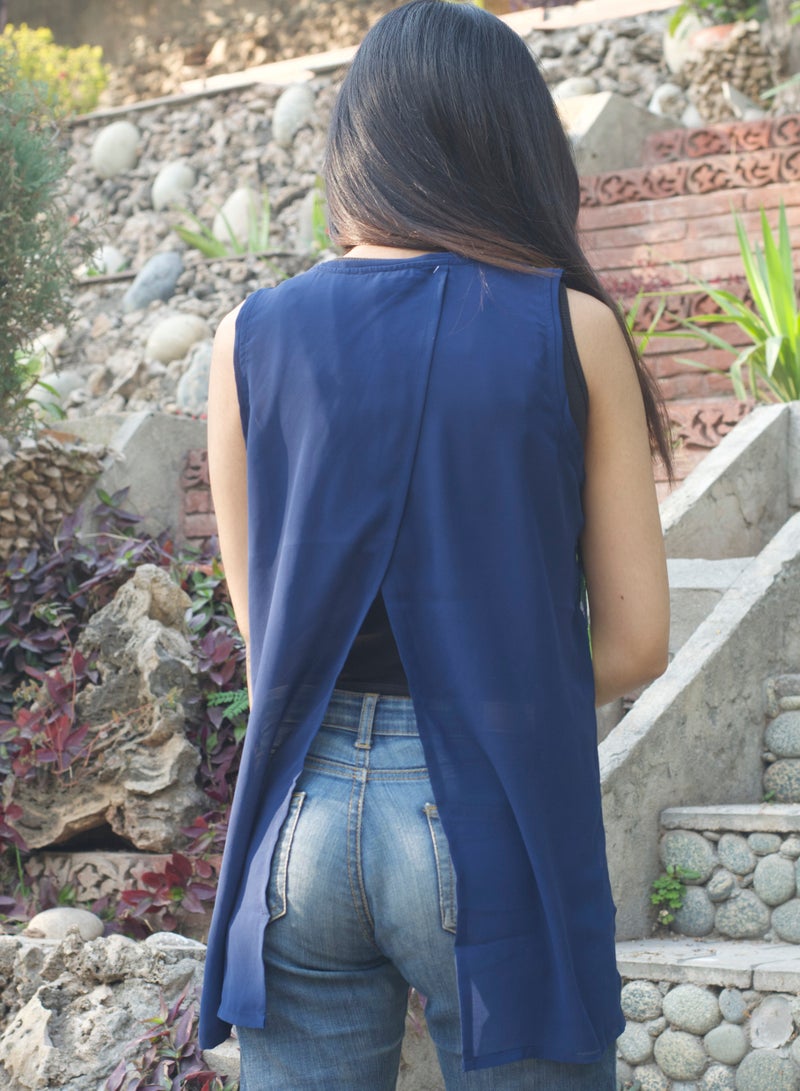 P FOR PRETTY Blue And Neon Green Embroidered Blouse - Image 4