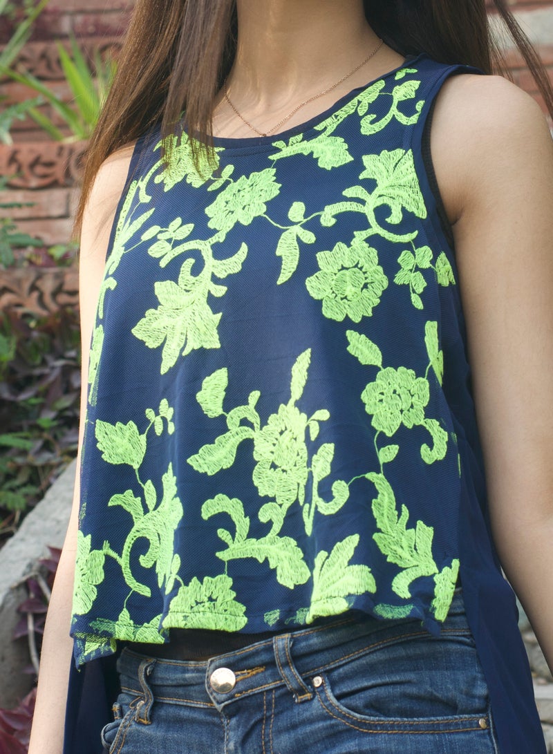 P FOR PRETTY Blue And Neon Green Embroidered Blouse - Image 5