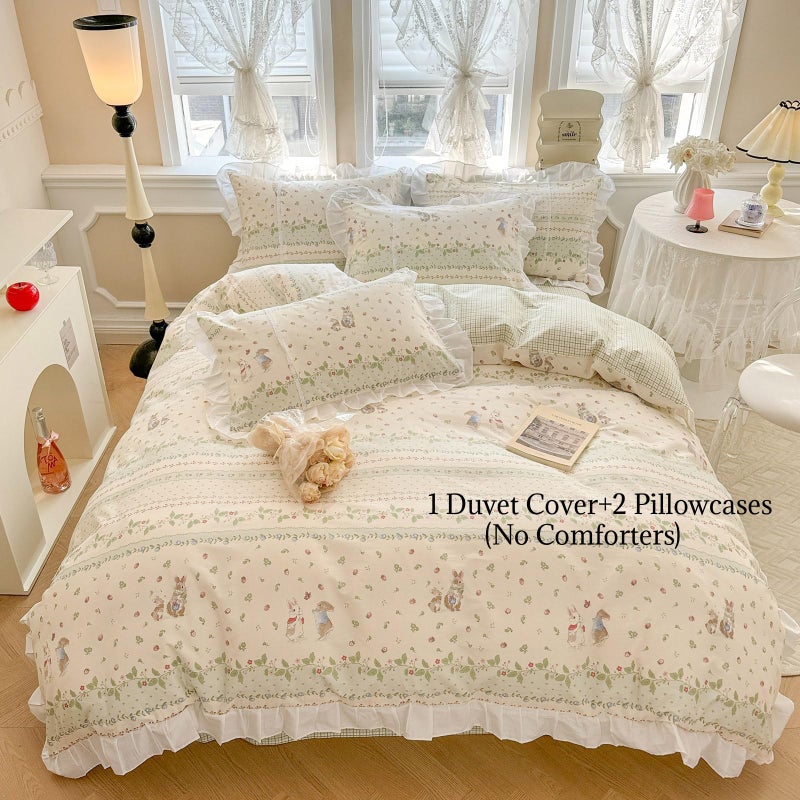 AMZTOP Garden Duvet Cover Twin with White Ruffle Cute Rabbits Strawberry Comforter Cover with 2 Pillowcases Reversible Green Plaid Girls Bedding Set with Zipper Closure-3pcs, Twin 68 * 86â€ - Image 2