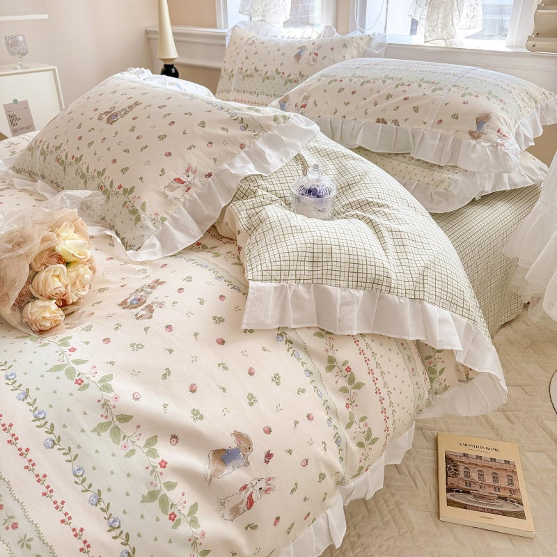 AMZTOP Garden Duvet Cover Twin with White Ruffle Cute Rabbits Strawberry Comforter Cover with 2 Pillowcases Reversible Green Plaid Girls Bedding Set with Zipper Closure-3pcs, Twin 68 * 86â€ - Image 1
