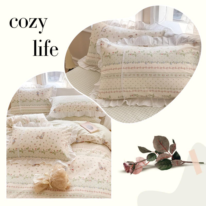 AMZTOP Garden Duvet Cover Twin with White Ruffle Cute Rabbits Strawberry Comforter Cover with 2 Pillowcases Reversible Green Plaid Girls Bedding Set with Zipper Closure-3pcs, Twin 68 * 86â€ - Image 5
