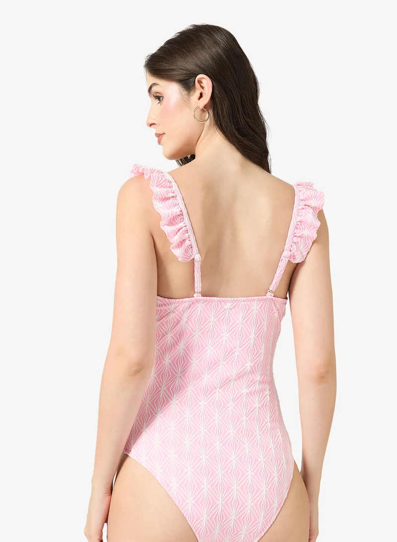 ايلا ملابس سباحة مطبوعة بكتف مكشكش