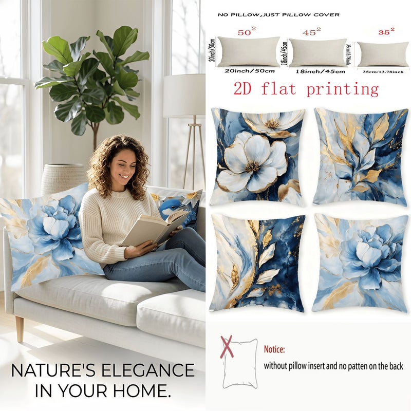 Gilded Blue And White Peony Theme Pillowcase Set 4 Pieces 40 X 40 Cm Ink Blue Base With Large White Peony Print Premium Feel Modern Living Room Decor Enhancing Space Quality 2D Flat Printing - Image 2