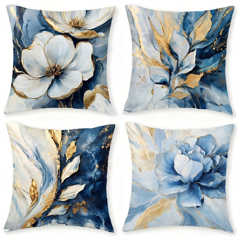 Gilded Blue And White Peony Theme Pillowcase Set 4 Pieces 40 X 40 Cm Ink Blue Base With Large White Peony Print Premium Feel Modern Living Room Decor Enhancing Space Quality 2D Flat Printing - Image 1