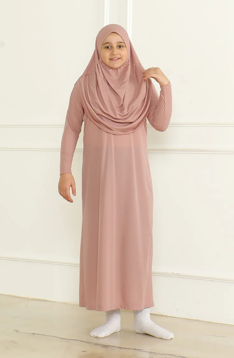 One Piece Practical Child Prayer Dress with Headscarf 1985-06 Powder