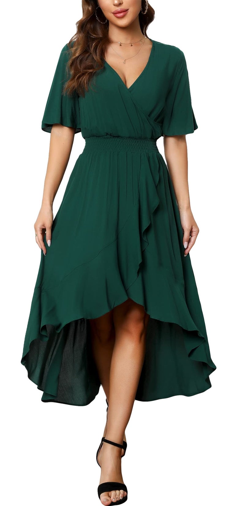 Kormei Womens Short Sleeve Floral Maxi Dress High Low V-Neck Flowy Party Long Dresses S Green#1 - Image 1