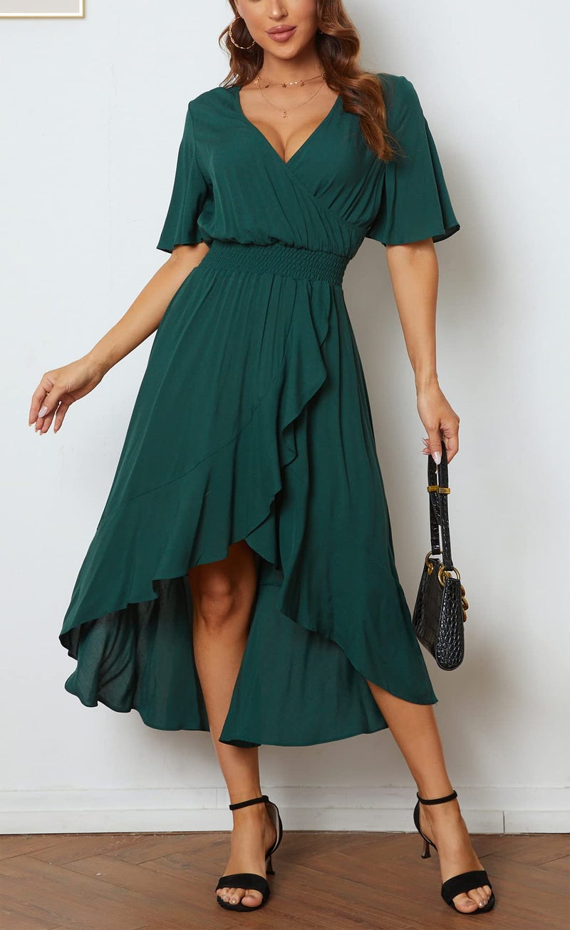 Kormei Womens Short Sleeve Floral Maxi Dress High Low V-Neck Flowy Party Long Dresses S Green#1 - Image 4