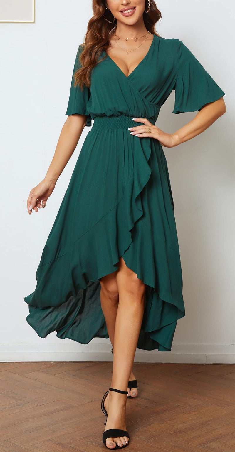 Kormei Womens Short Sleeve Floral Maxi Dress High Low V-Neck Flowy Party Long Dresses S Green#1 - Image 3