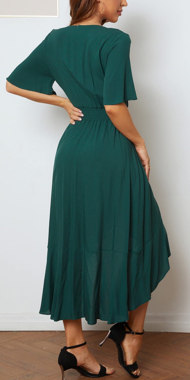 Kormei Womens Short Sleeve Floral Maxi Dress High Low V-Neck Flowy Party Long Dresses S Green#1 - Image 5