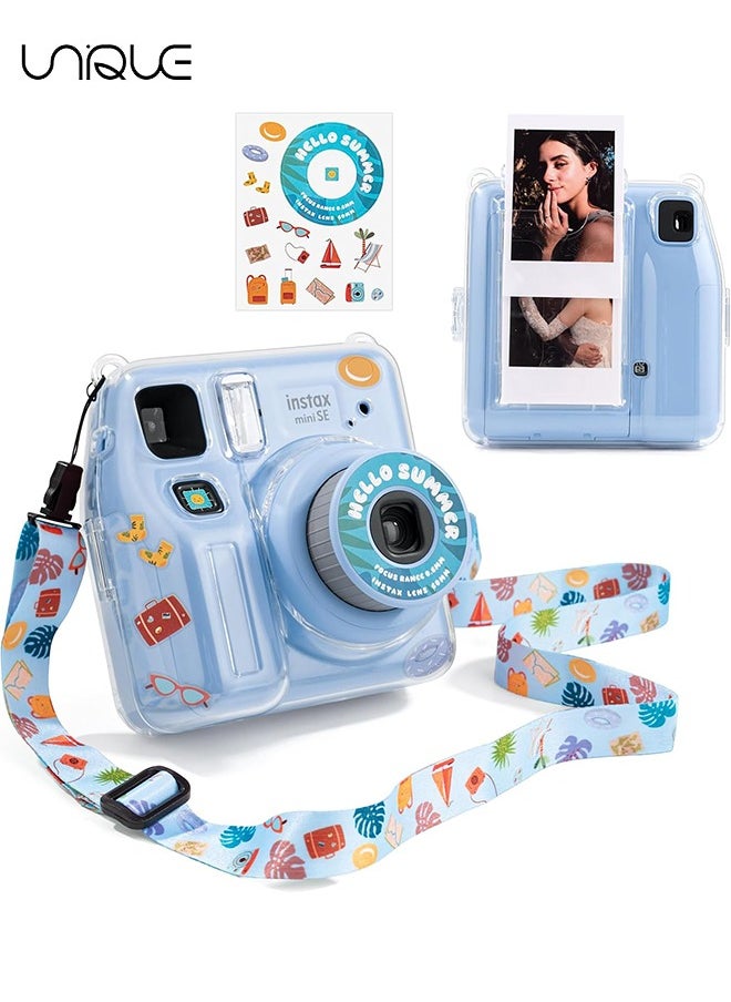 Unique 3 Pack Clear Camera Case - Hard Clear Case for Fujifilm Instax Mini SE Instant Camera, Mini SE Plastic Cover with Cute Sticker and Shoulder Strap - Blue Beach Sea  - Image 1