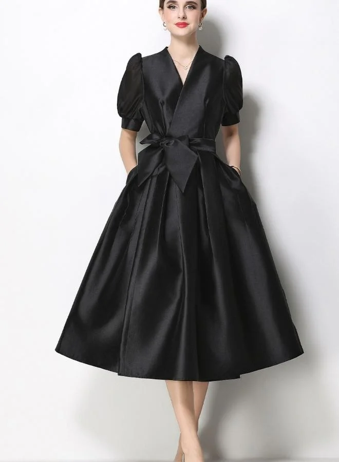 Take Two Black Box Pleat Puff Sleeves A-Line Midi Dress