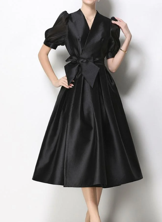 Take Two Black Box Pleat Puff Sleeves A-Line Midi Dress