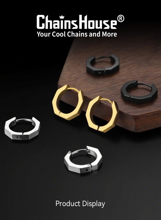 ChainsHouse Stud Earrings for Men Women,316L Stainless Steel/18K Gold/Black Metal, Punk Hypoallergenic Surgical Huggie Hoop Earrings Mens Jewelry Piercing Hoop Earrings, Metal - Image 3