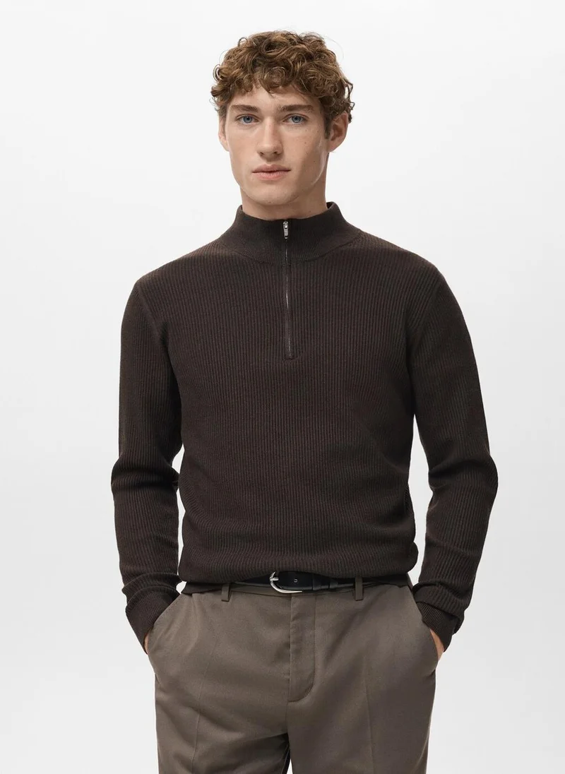 Mango Man Ribbed sweater with zip neck