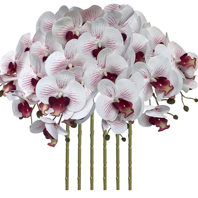 32 INCH ARTIFICIAL PHALAENOPSIS FLOWERS 6 PCS ARTIFICIAL ORCHID FLOWERS STEM PLANTS FOR HOME DCOR WHITE AND PURPLELINE