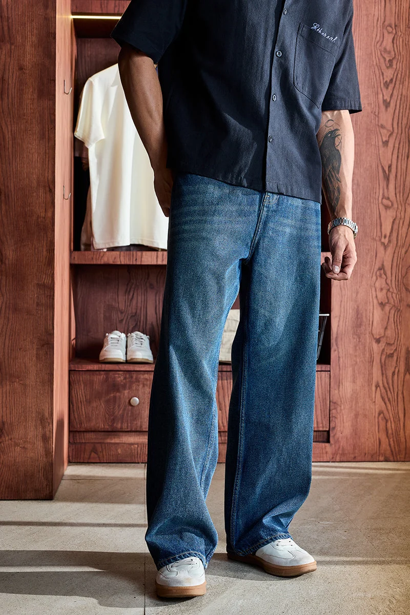 سنيتش Dark Blue Solid Wide Leg Streetwear Jeans