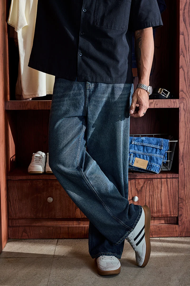 سنيتش Dark Blue Solid Wide Leg Streetwear Jeans