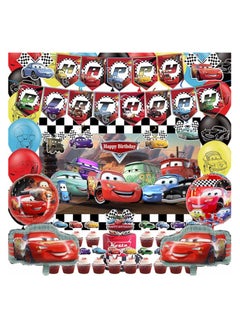 Cars Birthday Party Supplies, Lightning McQueen Birthday Party Supplies Include Banner, Foil Balloons, Backdrop, Cupcake Toppers for Lightning McQueen Cars Birthday Party Favor
