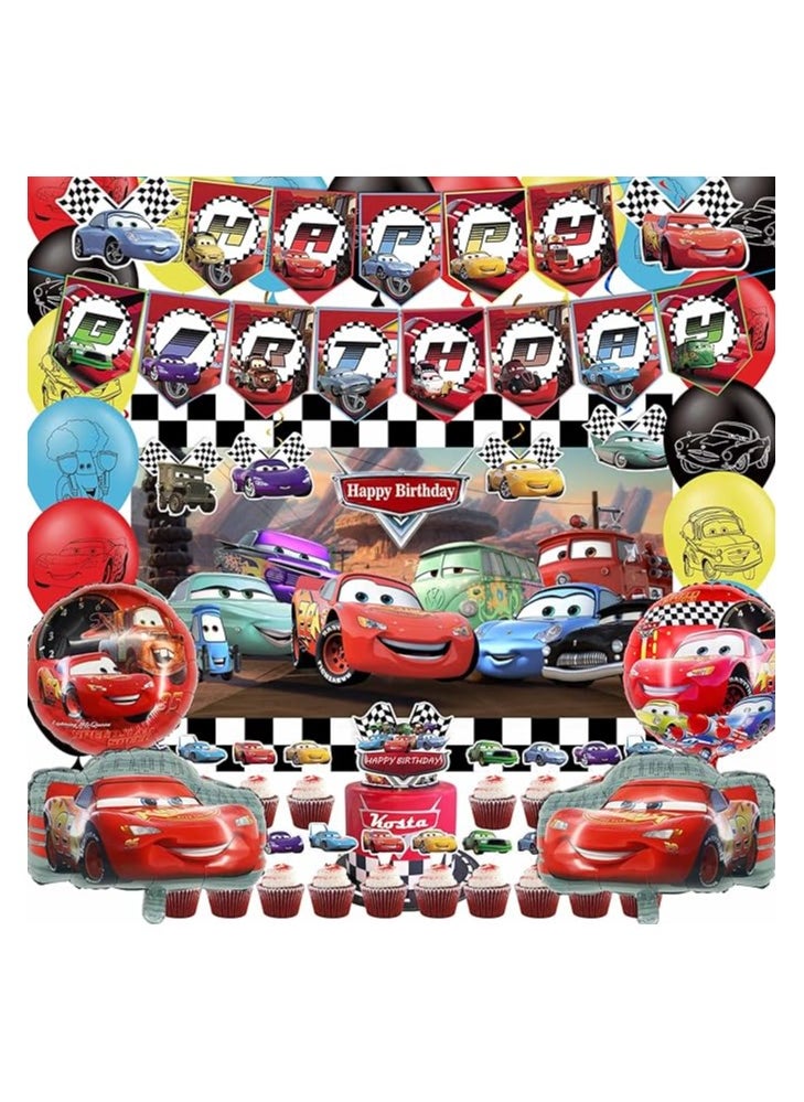 Generic - Cars Birthday Party Supplies, Lightning McQueen Birthday Party Supplies Include Banner, Foil Balloons, Backdrop, Cupcake Toppers for Lightning McQueen Cars Birthday Party Favor - Image 1