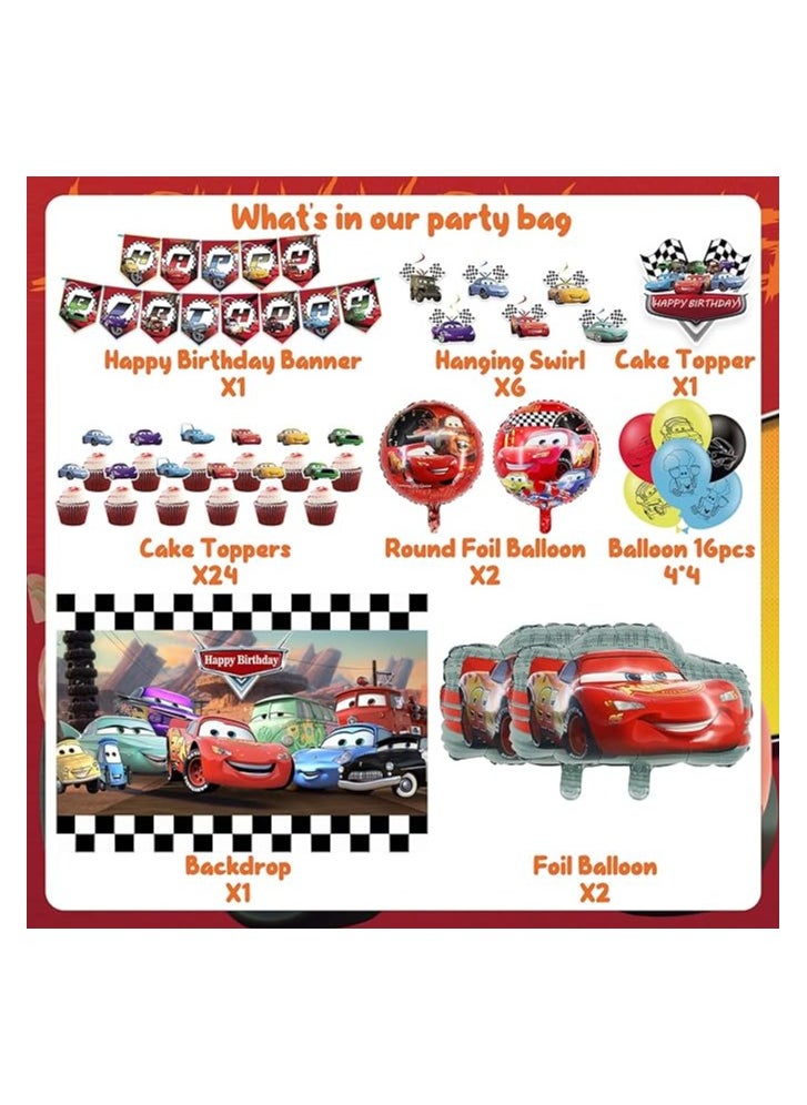 Generic - Cars Birthday Party Supplies, Lightning McQueen Birthday Party Supplies Include Banner, Foil Balloons, Backdrop, Cupcake Toppers for Lightning McQueen Cars Birthday Party Favor - Image 1