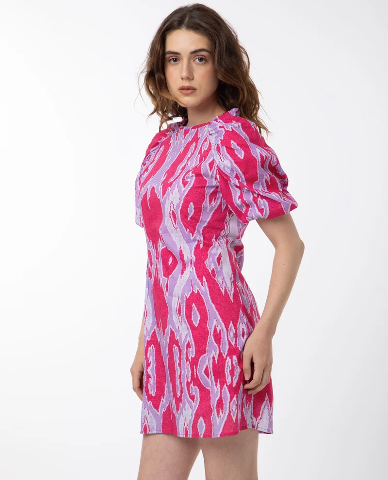 Rareism Women's Abstract Print Puff Sleeve Mini Dress