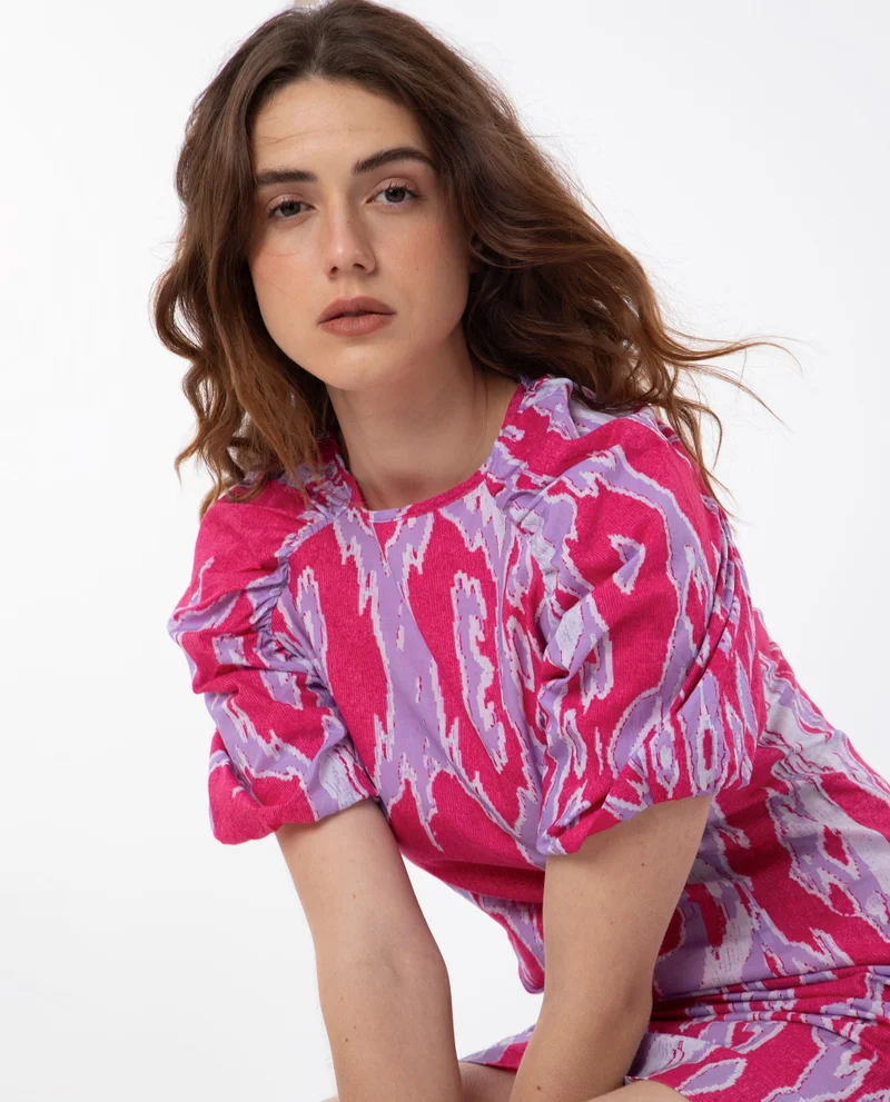 Rareism Women's Abstract Print Puff Sleeve Mini Dress