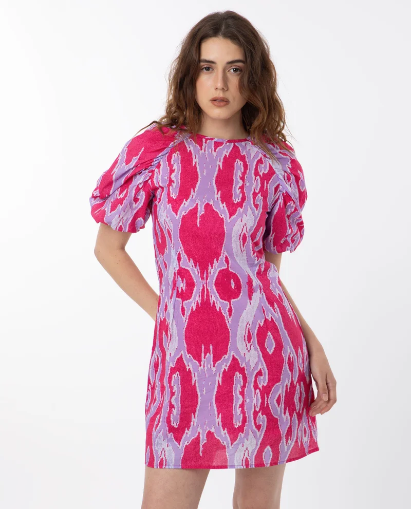 Rareism Women's Abstract Print Puff Sleeve Mini Dress