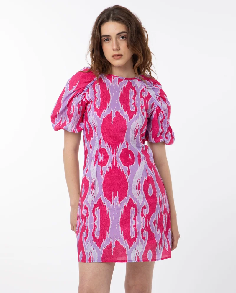 Rareism Women's Abstract Print Puff Sleeve Mini Dress