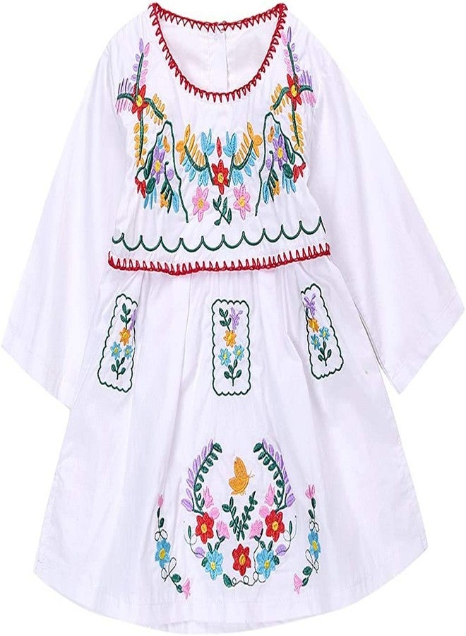 Kashoer Newborn Toddler Baby Girls Ethnic Embroidery Floral Dress Long Sleeve Party Sundress Skirt (0-6Months, White)