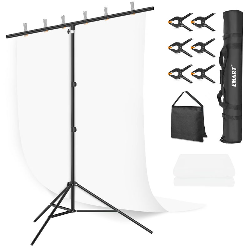 EMART EMART White Backdrop with Stand, 1.5x2m(5x7ft) Photography Screen with 2x2m(6.5x6.5) Background Frame Kit for Photo Video Studio, include 6 Spring Clamps and 1 Sandbag  - Image 1