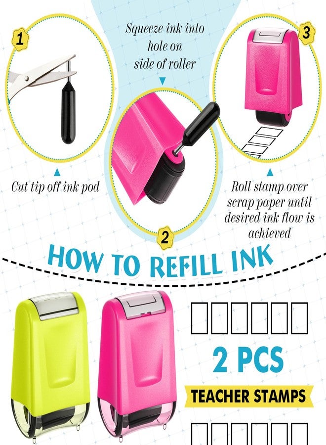 Nezyo 2 Pcs Teacher Stamps Square Grids & Dashed Lines Refillable Self Ink Writing Practice Roller Stamp for Handwriting Math Fractions Classroom Home Office School Teacher Supplies - Image 2