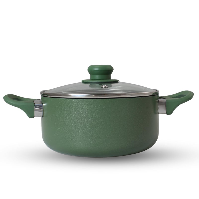 PLUMM Get Plumm Sauce Pot Cookware with Handle | Granite Stone Kadhai with Lid | Induction Base Biryani Pot Glass lid | Cool Touch Wooden Handle | Cooking Handi Pot (24 cm,Green) - Image 1