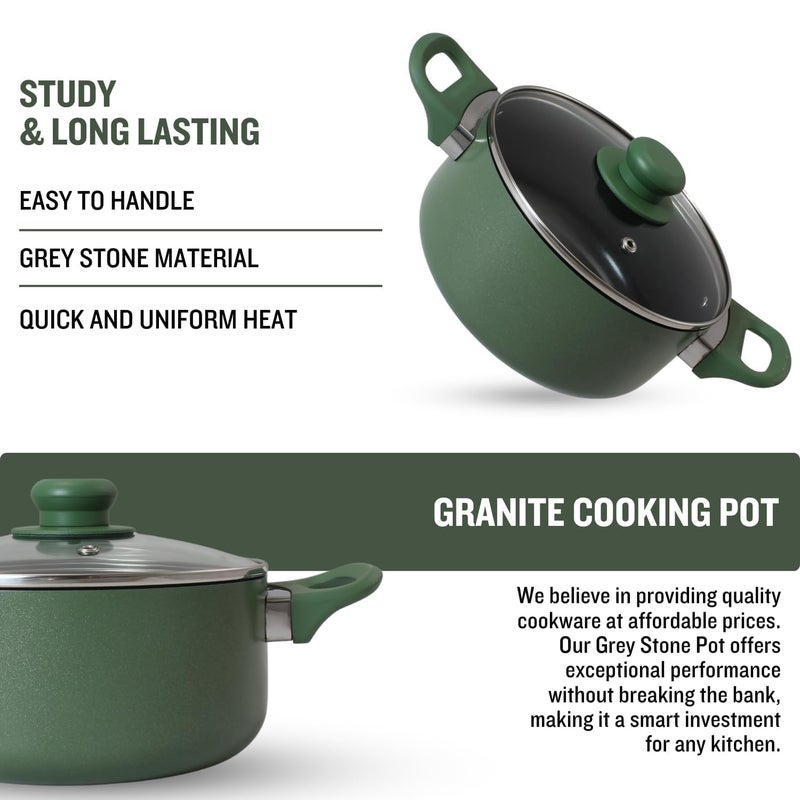 PLUMM Get Plumm Sauce Pot Cookware with Handle | Granite Stone Kadhai with Lid | Induction Base Biryani Pot Glass lid | Cool Touch Wooden Handle | Cooking Handi Pot (24 cm,Green) - Image 5